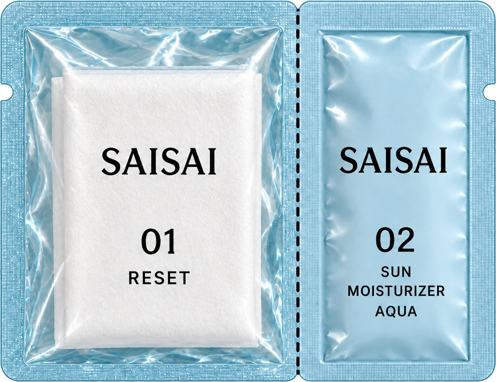 SAISAI AQUA: 투명 블루 정돈 시트와 수분 선크림 파우치